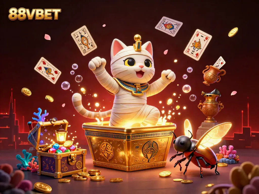 Experience 88VBET with a thrilling pyramid casino scene featuring a mummy cat and scarab beetle.
