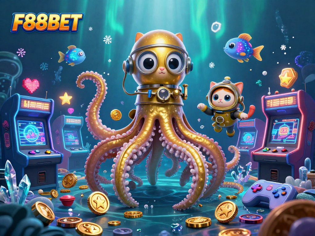 Join the excitement of F88BET with this vibrant underwater casino adventure featuring a kraken and diving cat.