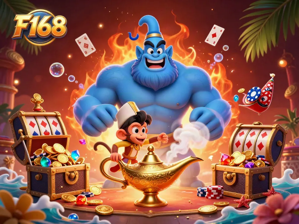 Join the F168 action with a genie, monkey, and poker chips in this vibrant casino scene.