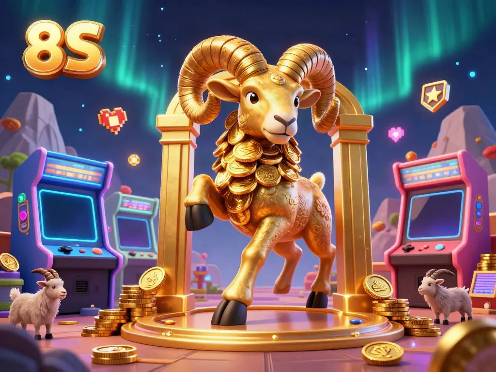 Experience the excitement of 8S with a golden ram charging through a casino-themed arcade.