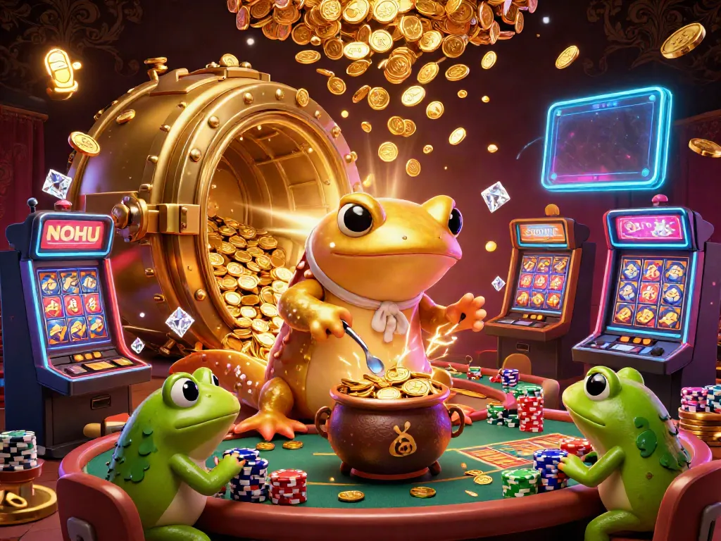 Engage in thrilling gameplay at NOHU with a vivid 3D illustration showcasing gold coins, vibrant casinos, and jackpot excitement.