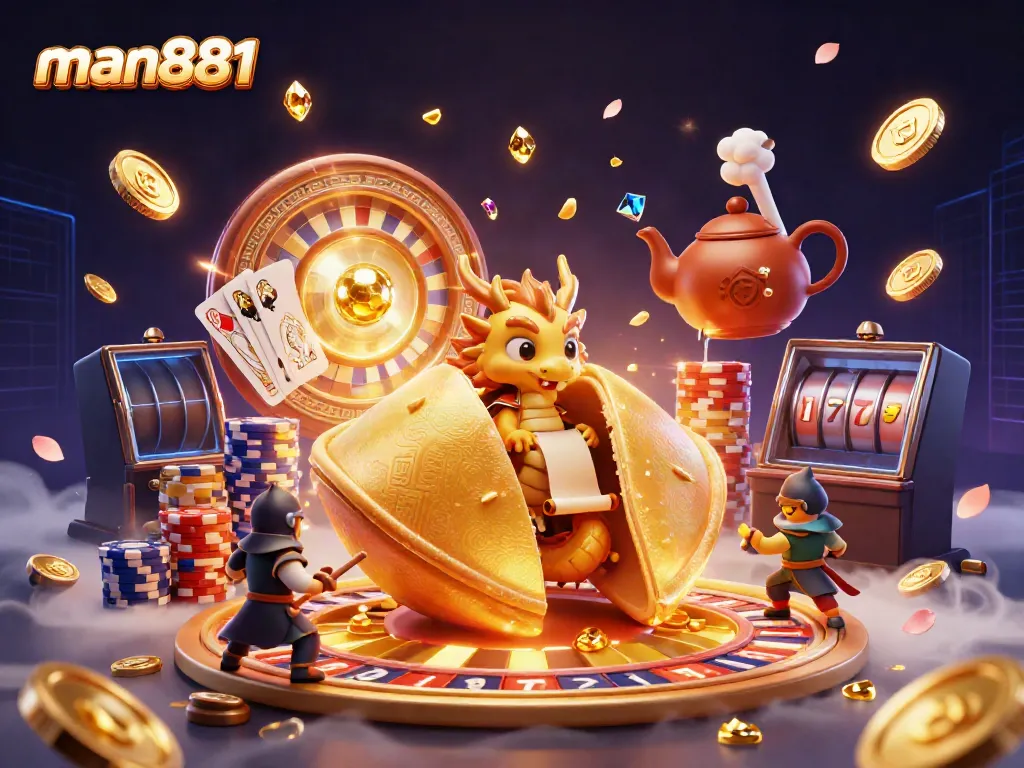 Engage with man881 as the golden fortune cookie reveals prizes, set in an animated casino scene filled with excitement.