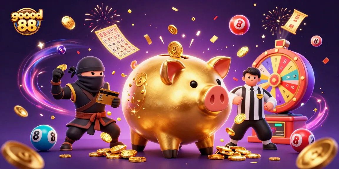 Experience excitement with goood 88 as a giant piggy bank sumo wrestler rains coins in a lively casino scene.
