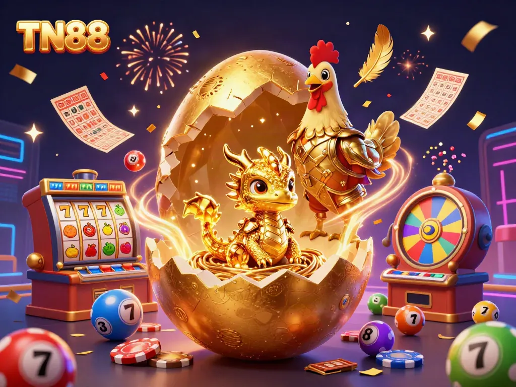 Experience the thrill with TN88 at a casino featuring golden dragon, slot machines, and lively game elements.