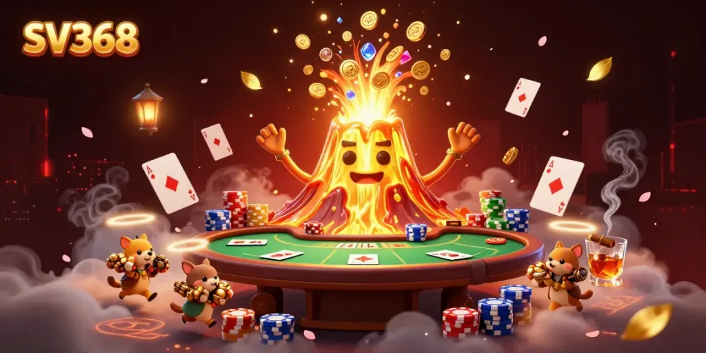 Experience the vibrant thrill of SV368, featuring a golden volcano erupting with treasure, poker elements, and animated explorer animals.
