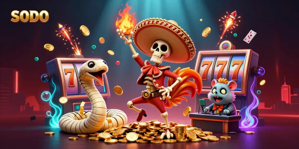 SODO engages players with a vibrant casino scene featuring dynamic characters amidst dazzling game elements.