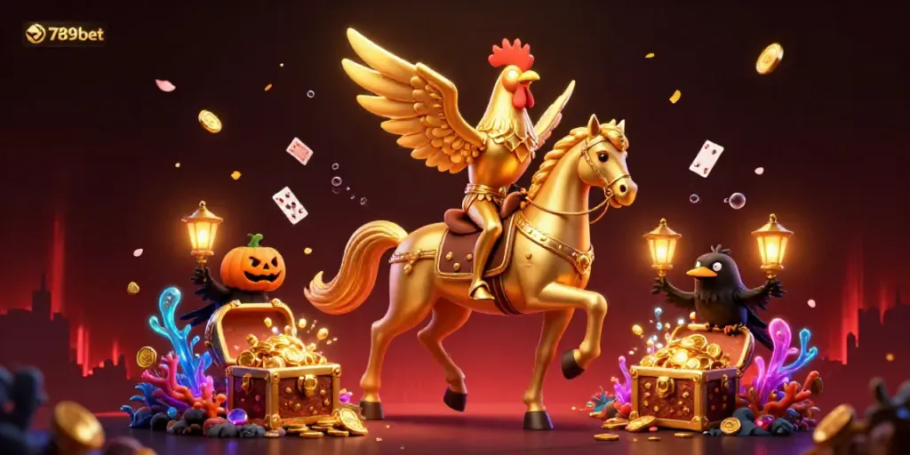 Experience the excitement of 789bet with a golden rooster hero in a magical casino scene.