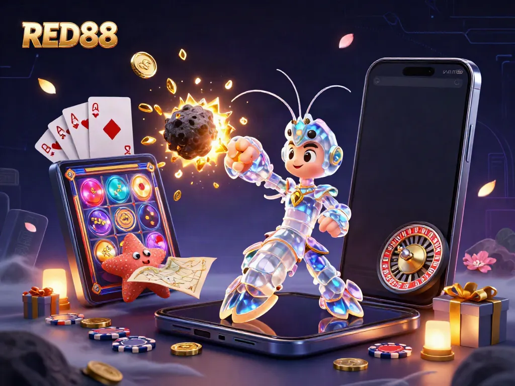 Experience the thrilling excitement of RED88 with a galactic samurai mantis shrimp and starfish navigating casino riches.