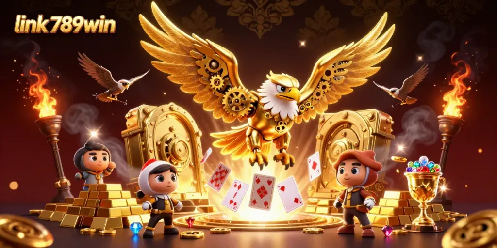 Join the excitement at link 789win with a vibrant scene showcasing a golden eagle and treasures.