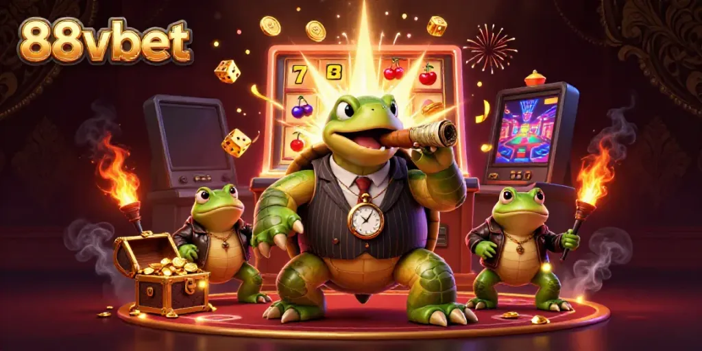 Engage with the vibrant 88vbet casino scene of a mobster turtle and frog enforcers amidst jackpot symbols and treasure.