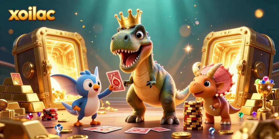 Experience the thrilling world of gambling with xoilac as cartoon dinosaurs shuffle cards and stack chips amid sparkling treasures.