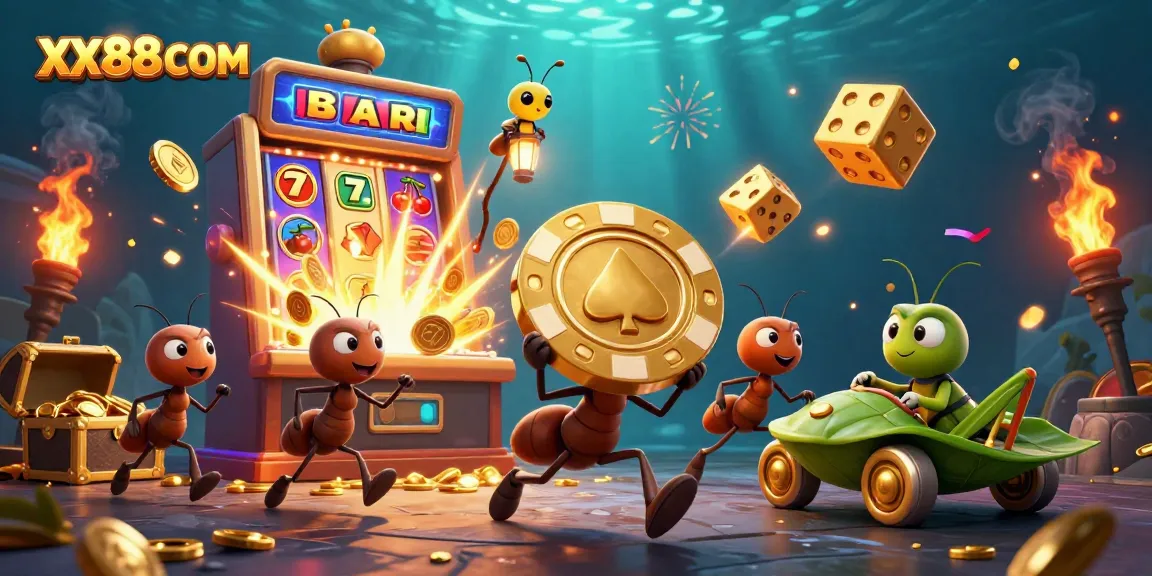 Catch the excitement of gambling at XX88COM with a heist scene featuring cartoon ants and dynamic casino elements.