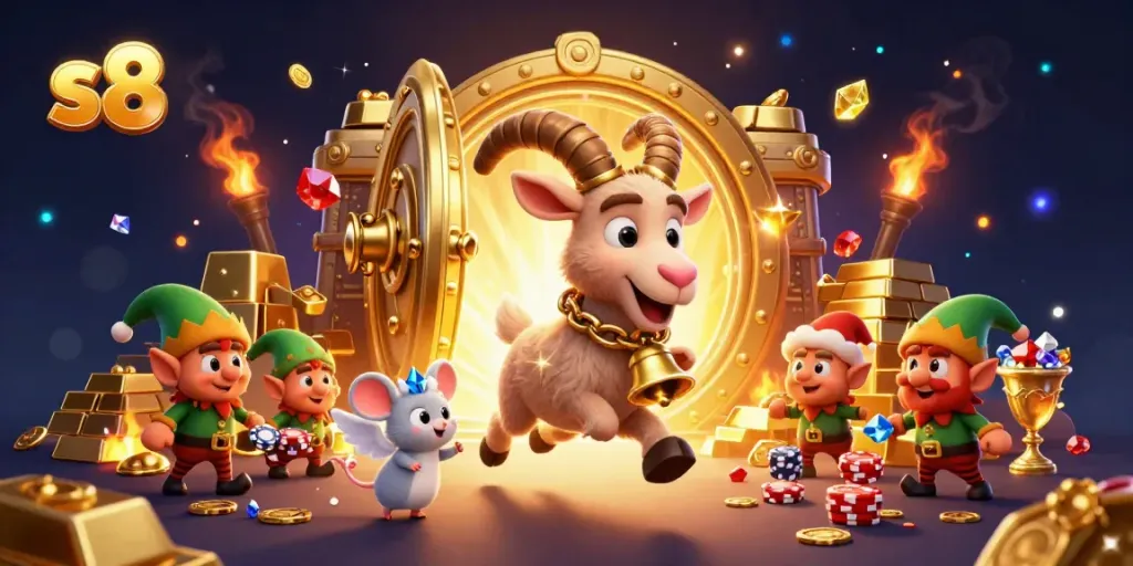 Experience thrilling gameplay at s8's vibrant casino with festive characters and treasure!