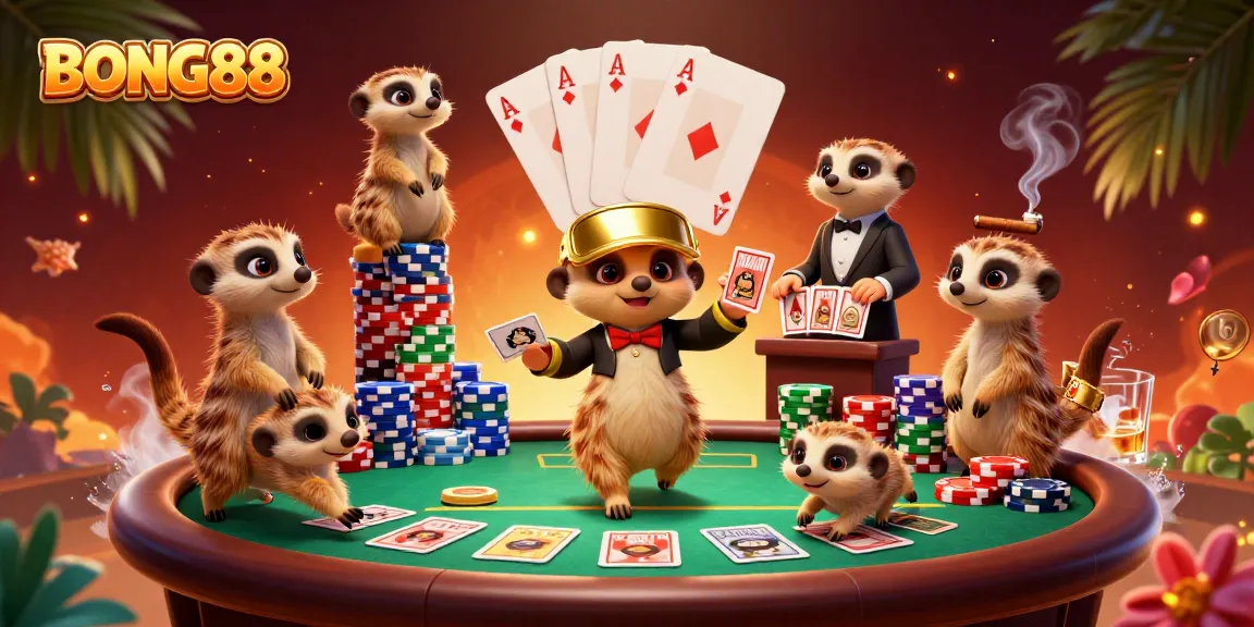 BONG88 meerkats leading an engaging casino scene with colorful poker chips and dynamic action.