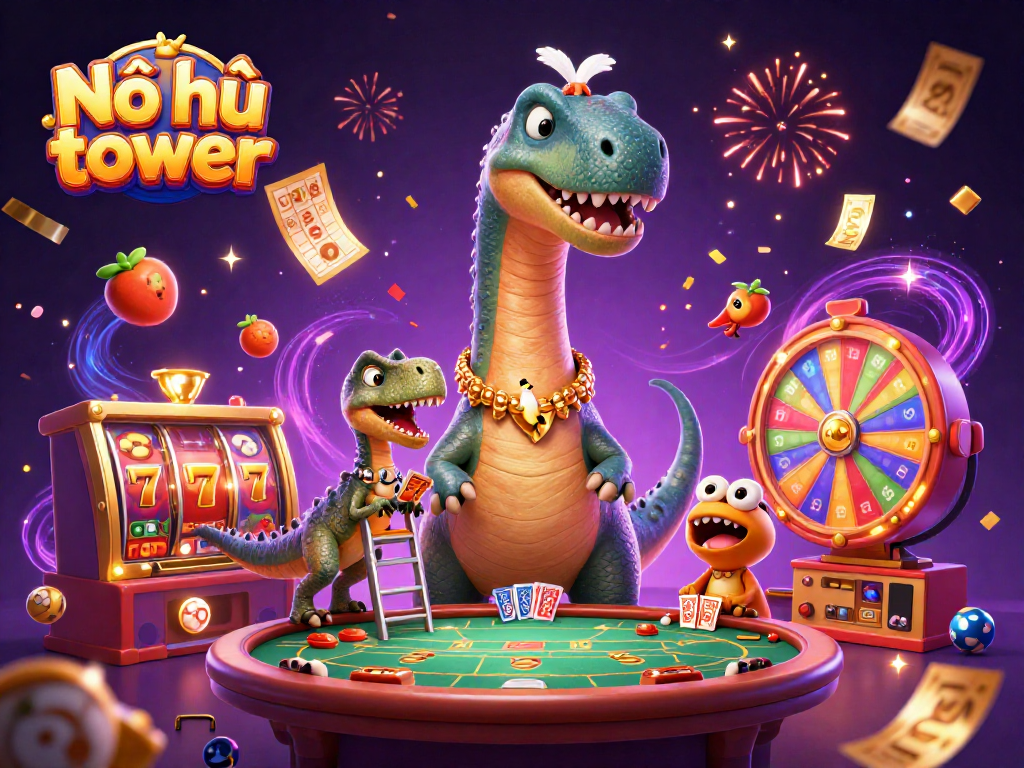 Nổ hũ tower gameplay features a dinosaur, animated slot reels, and vibrant symbols in a dynamic casino scene.