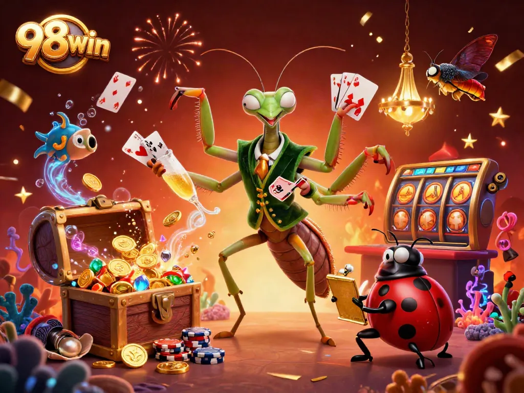 Experience excitement with 98win's vibrant casino scene featuring animated characters and game elements.