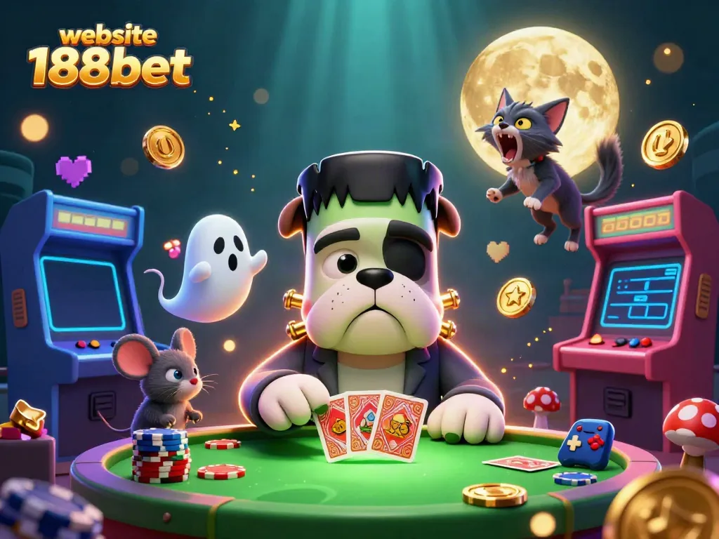 Experience the excitement of betting with the website 188bet at this colorful casino-inspired illustration featuring a Frankenstein bulldog dealer.