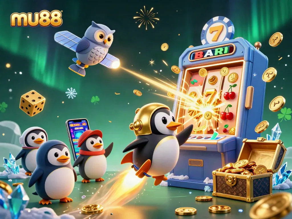 Spin the reels at Mu88 with a dynamic scene of a golden penguin and jackpot excitement.