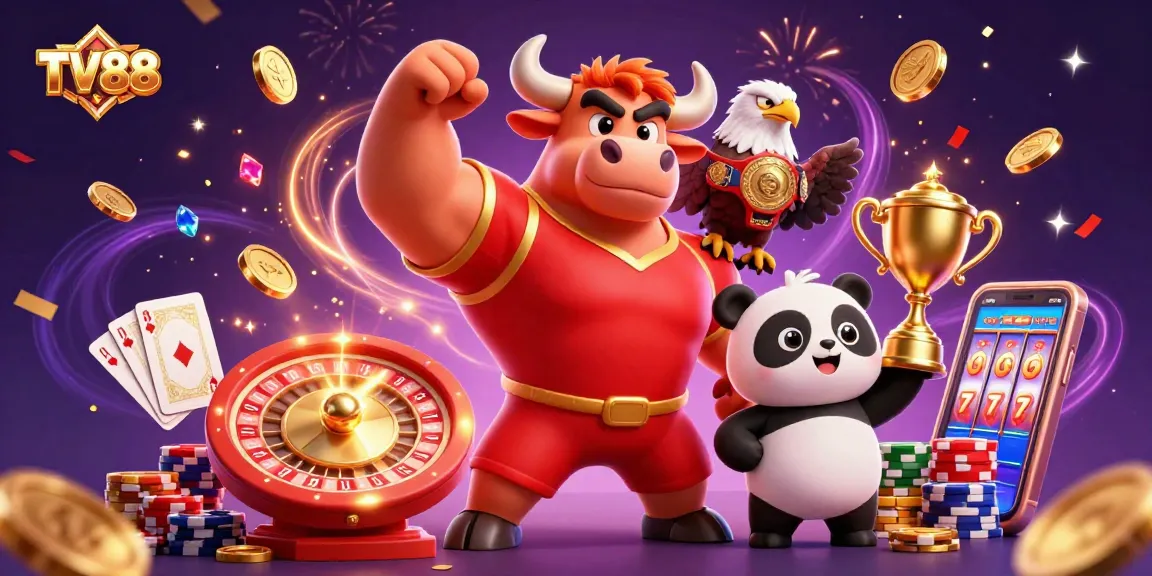 Celebrate wins with TV88 as the bull mascot and friends showcase a vibrant casino scene.