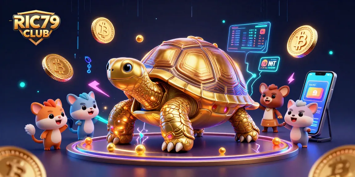 Experience the excitement of RIC79 CLUB with a golden tortoise pinball machine and crypto-themed decorations.