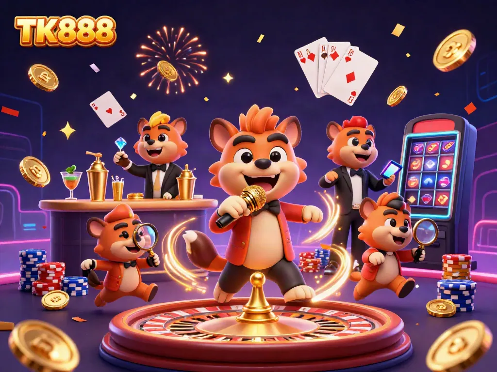 Experience the excitement of TK888 with vibrant casino gaming scenes featuring humor and joy.