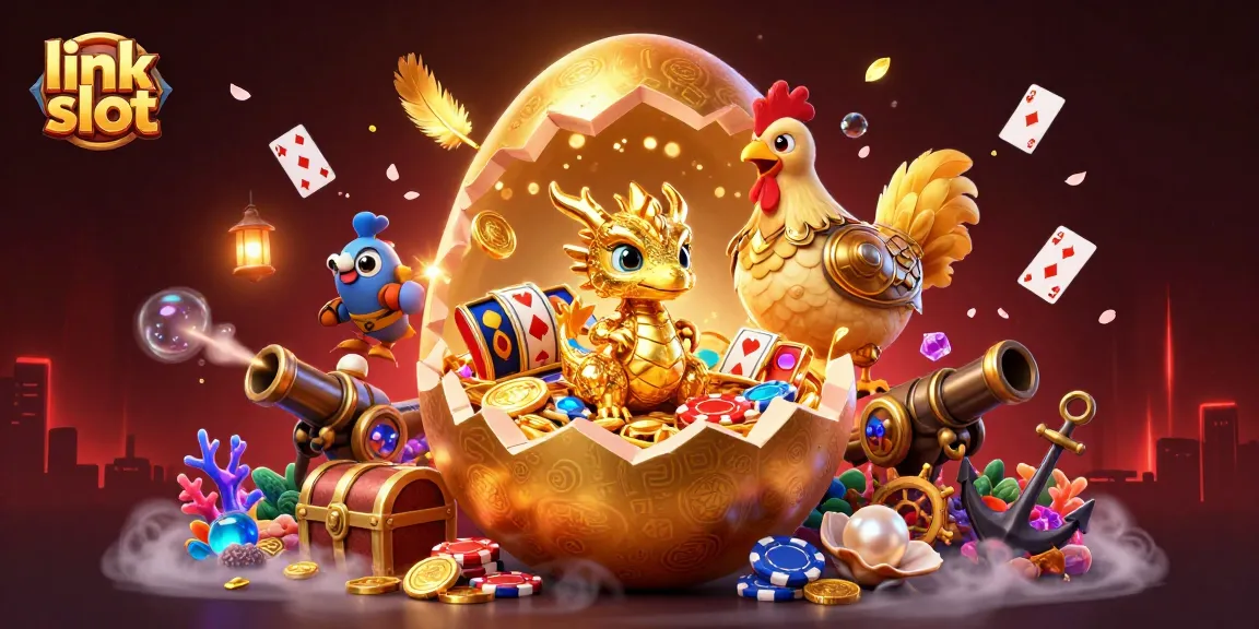 Menangkan jackpot dalam link slot dengan naga emas dan simbol kasino di latar belakang.