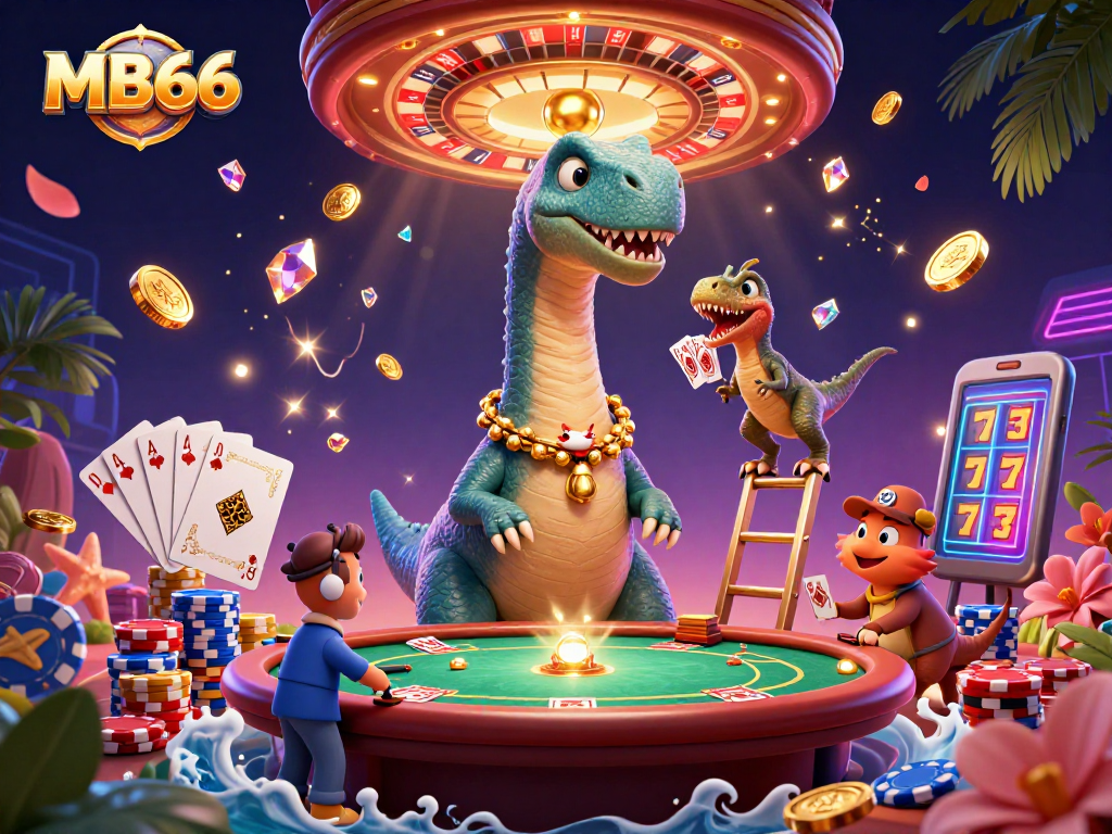 Join the fun with MB66 at a vibrant casino scene filled with Dinos and poker!