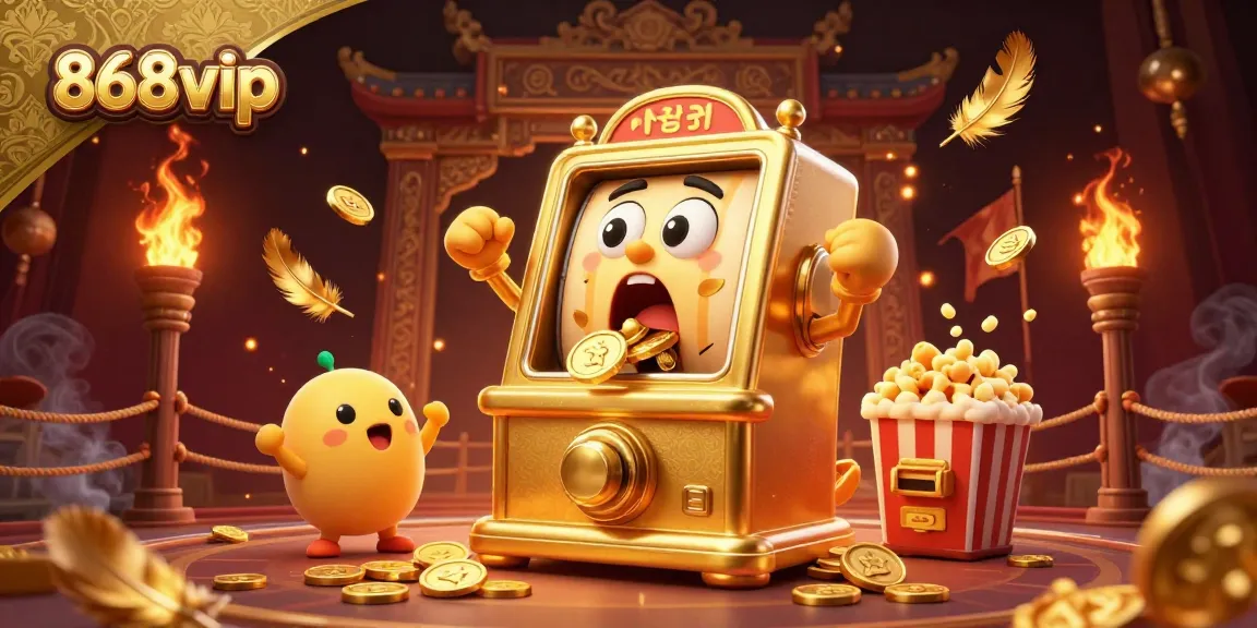 Watch the golden slot machine at 868vip hit the jackpot, showering coins and excitement in this lively casino scene.