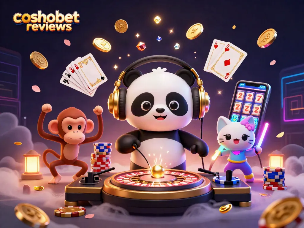 Experience cosmobet reviews through a vibrant scene showcasing a DJ panda and friends amidst flying coins and colorful casino elements.