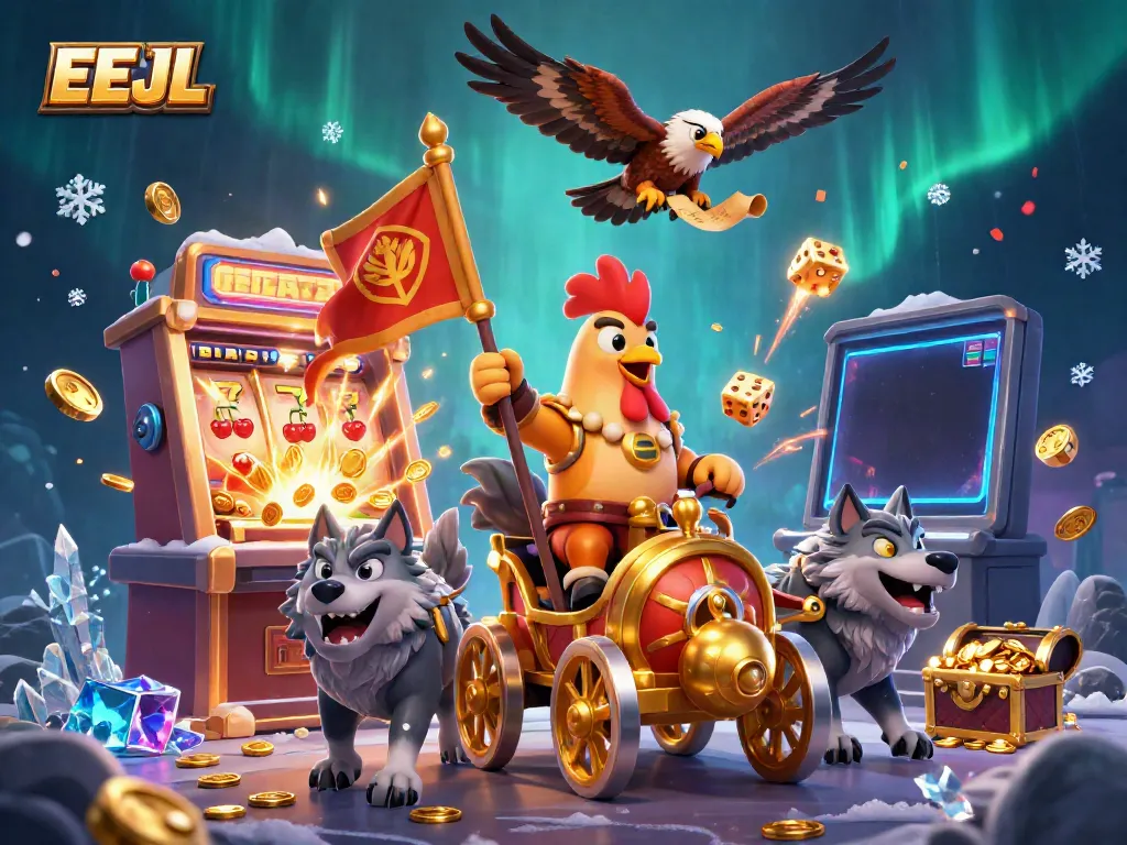 Play exciting games at EEJL with a vibrant scene featuring a golden war chariot and jackpot slots.