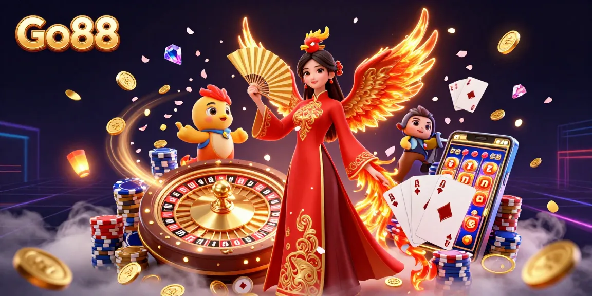 Engage in thrilling gameplay at Go88, featuring beautiful characters, golden coins, and vibrant casino elements.