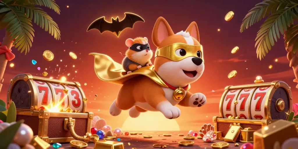 Join the excitement of 32win bet with a playful superhero dog and hamster in a colorful casino scene.