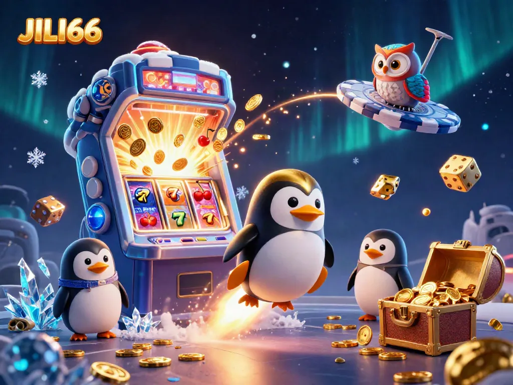 Engage in gaming excitement at JILI66 with a dynamic scene of a golden penguin and casino elements flying through space.
