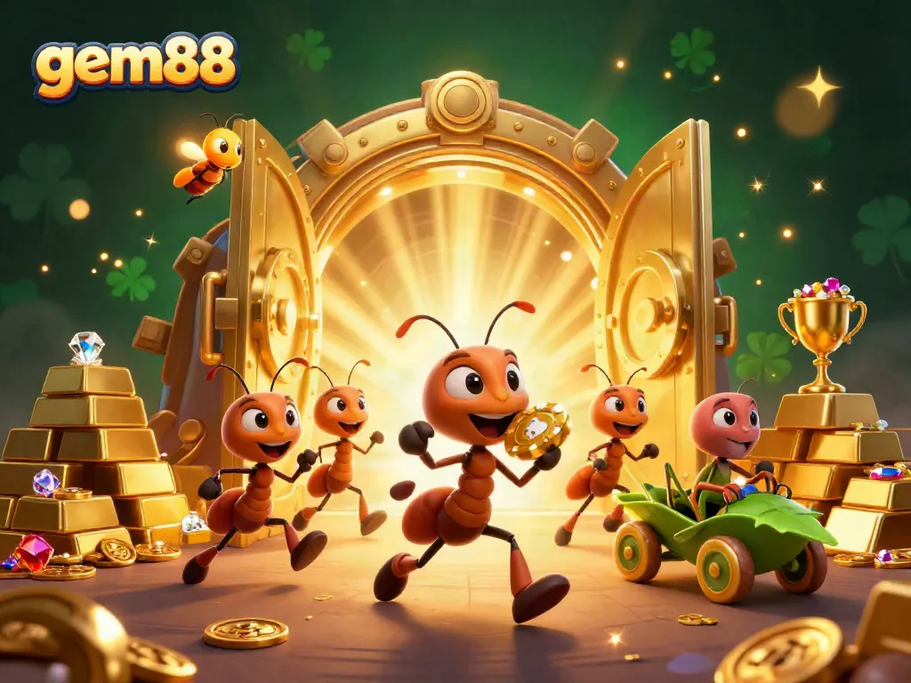 Ants executing a heist involving a giant poker chip, gem88 branding.