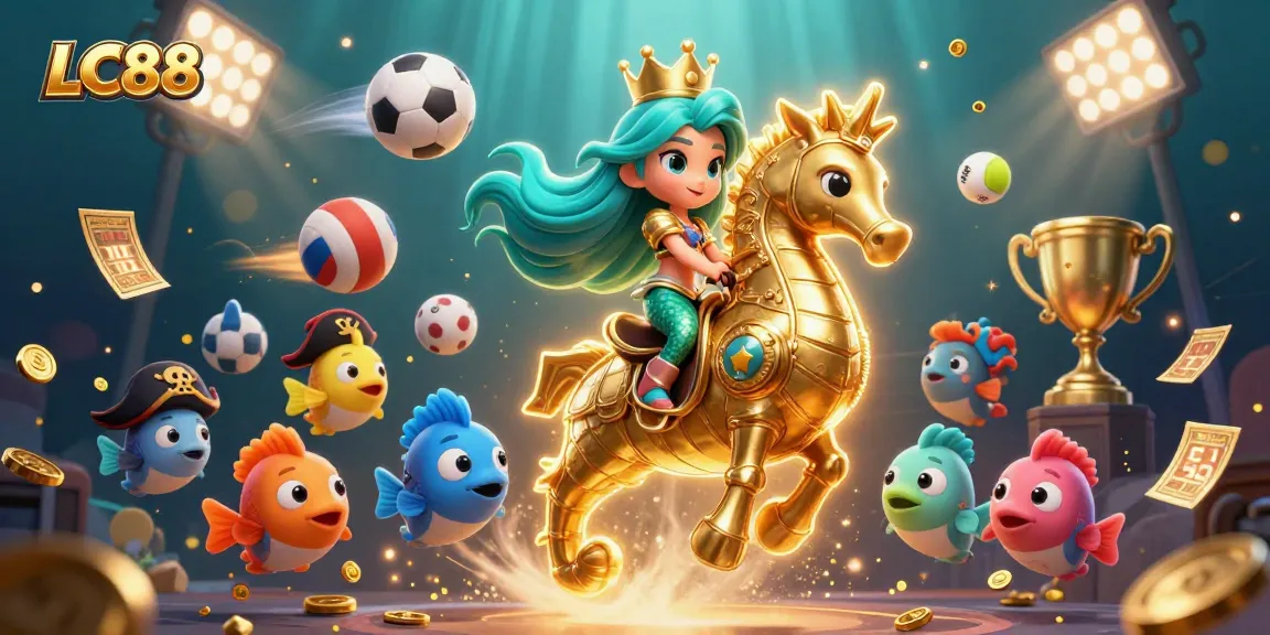 Join the excitement at LC88 with colorful characters in a dynamic casino scene, featuring sports and games.