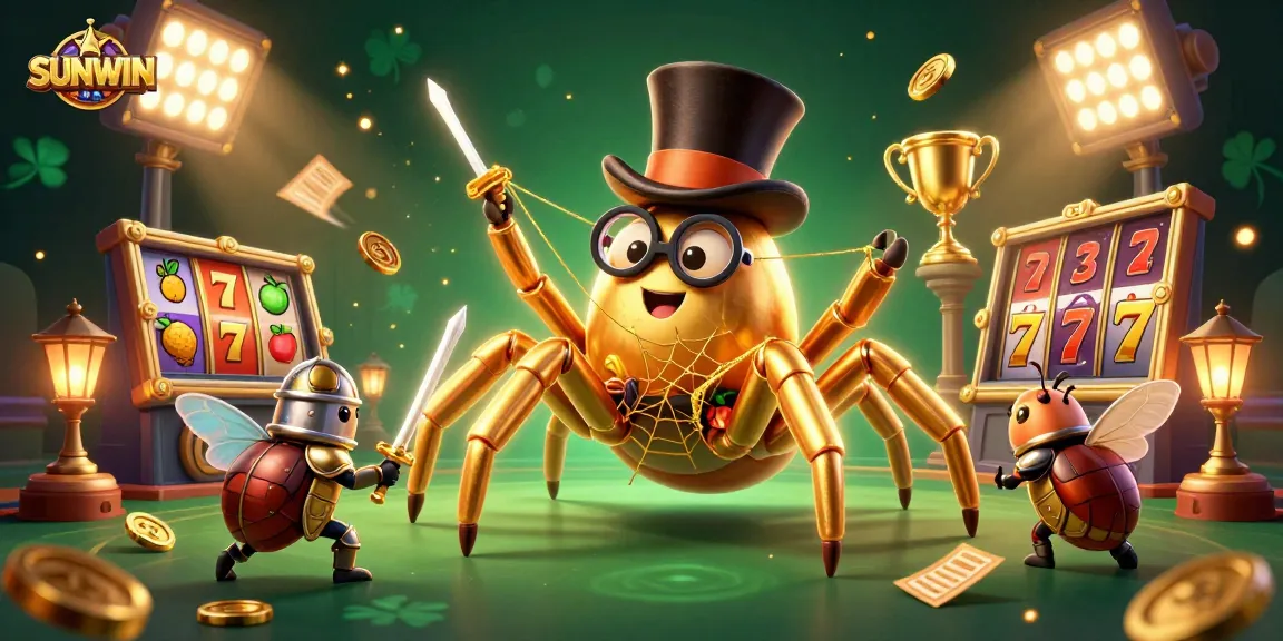 SUNWIN engages players with a golden web of gaming excitement, featuring slot reels and a cartoon tarantula.