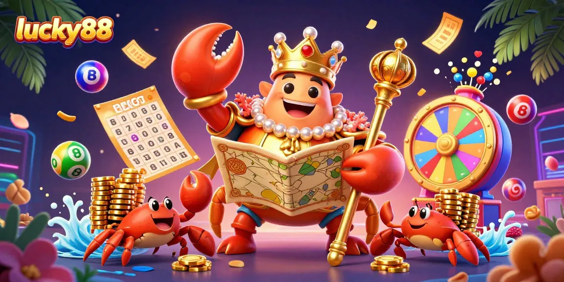 Experience luck and fortune with lucky88 as the golden crab emperor presides over vibrant gaming elements.