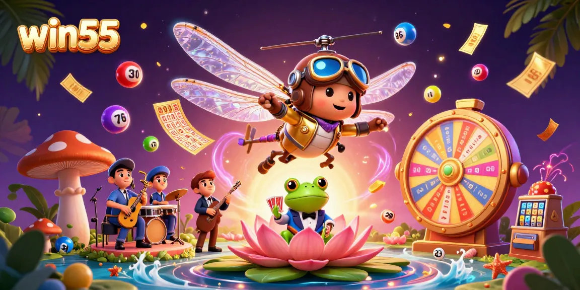 Win55 elevates the experience with a vibrant casino scene featuring lively characters and engaging game elements.