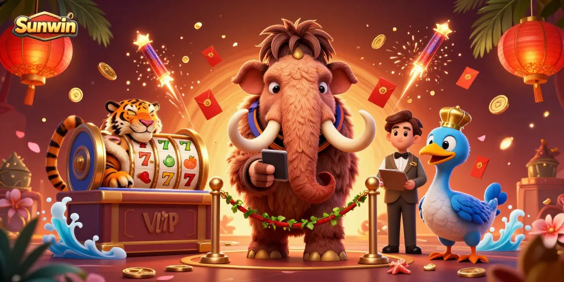 Experience the excitement of Sunwin as a woolly mammoth bouncer checks IDs at a vibrant casino entrance.