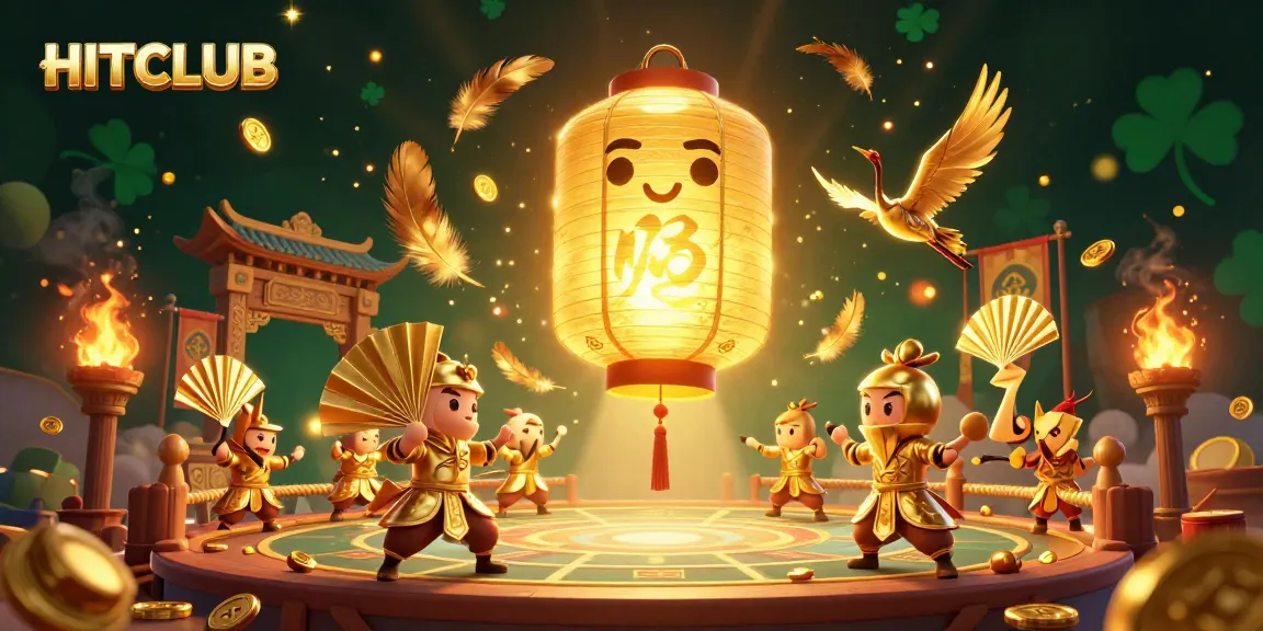 HITCLUB showcases a vibrant night market casino scene with dynamic characters and golden elements swirling around.