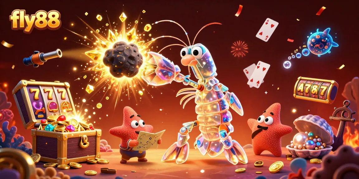 Experience the thrill of fly88 with a galactic samurai mantis shrimp battling for treasure in an energetic casino scene.