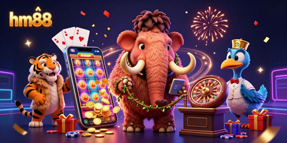 Experience the excitement at hm88 casino, featuring a woolly mammoth bouncer, a VIP saber-tooth guest, and vibrant gaming elements.