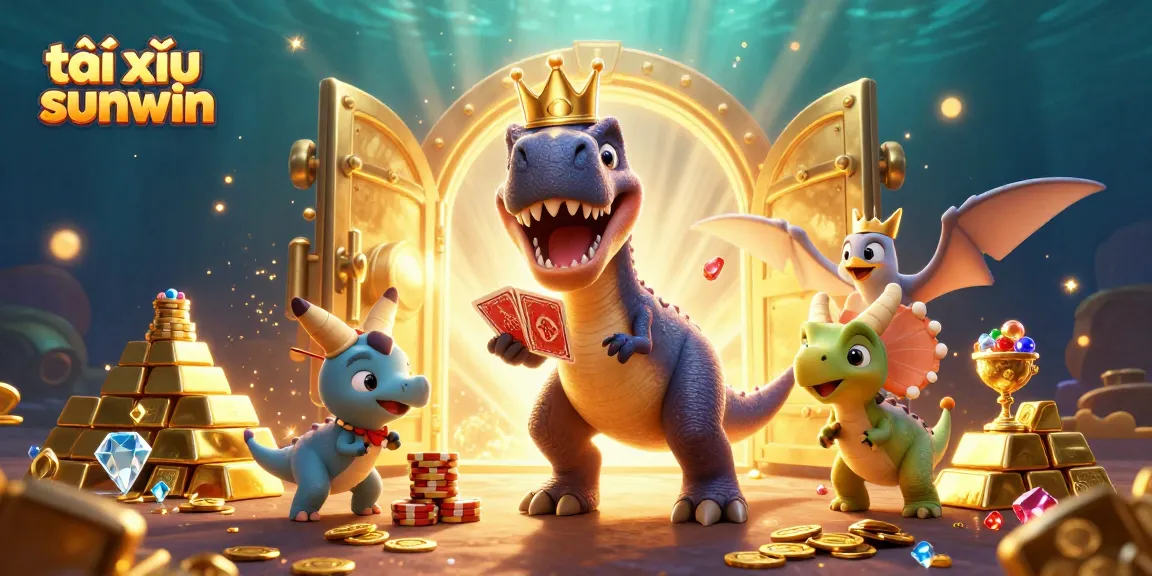 Engage in tài xỉu sunwin with animated prehistoric characters amidst golden treasures and casino elements.
