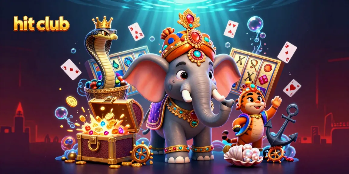 Hit club showcases vibrant 3D illustration of tiger and elephant amidst colorful slot themes.