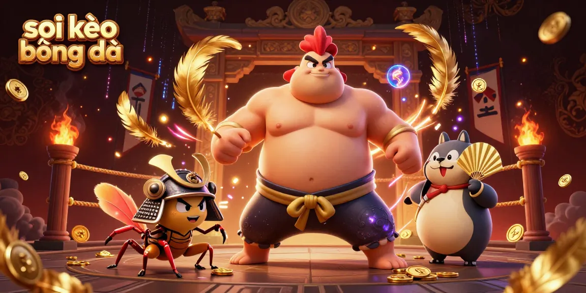 Soi kèo bóng đá: Witness the intense action of a sumo rooster and samurai cricket in a vibrant fighting arena.