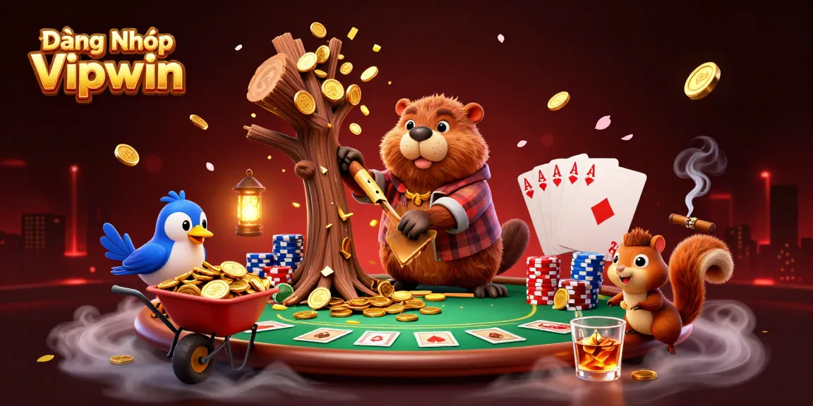 Engage with Đăng Nhập Vipwin through lively characters in a rich casino-themed illustration.