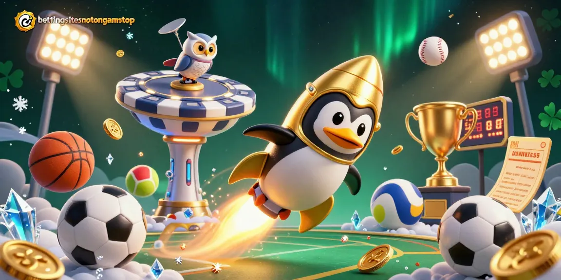 BettingSitesNotOnGamStop showcases a golden penguin speeding to a poker chip casino, surrounded by sports elements.