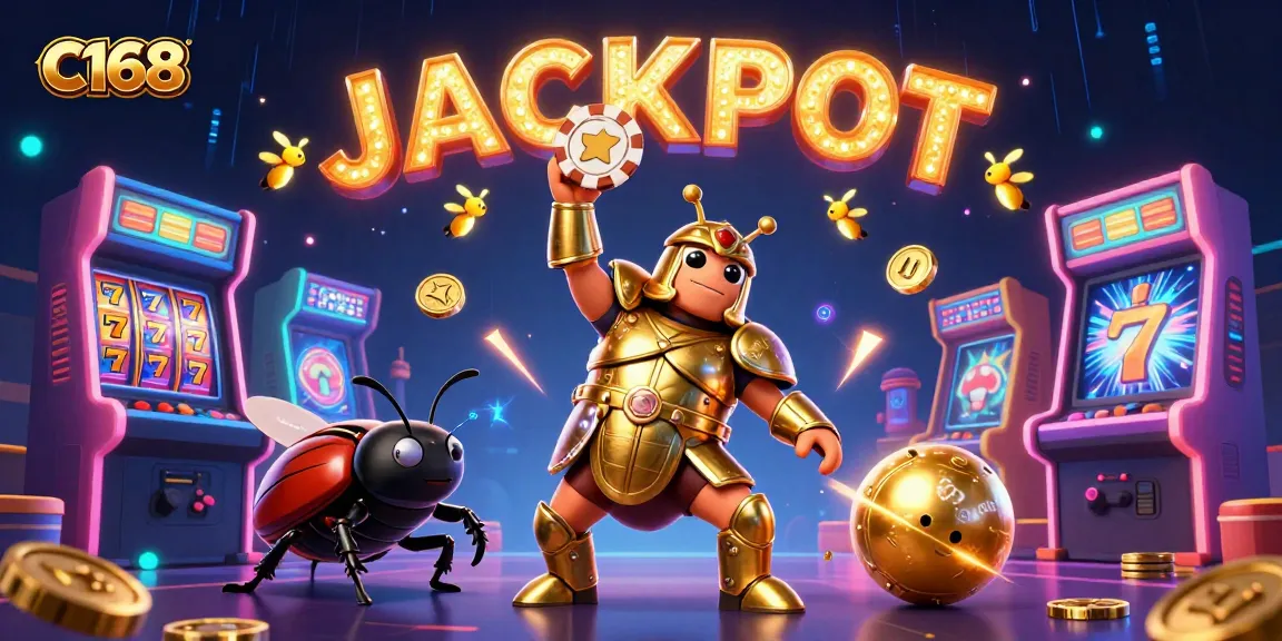 C168's vibrant and dynamic gaming scene featuring a triumphant beetle hero with poker chips, surrounded by casino game elements.
