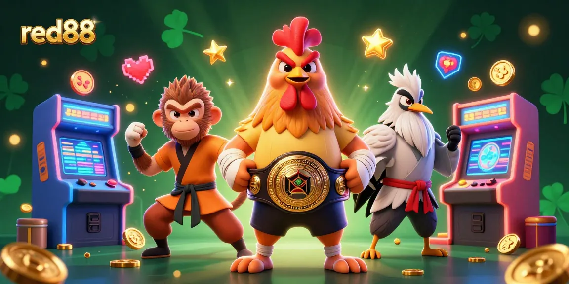 Engage in thrilling action at red88's animated casino universe with festive characters and gaming elements.