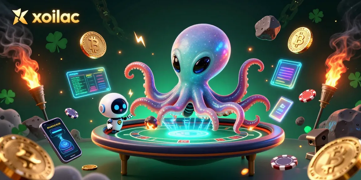 Bet on xoilac for thrilling poker action with an alien octopus dealing holographic cards and chips.